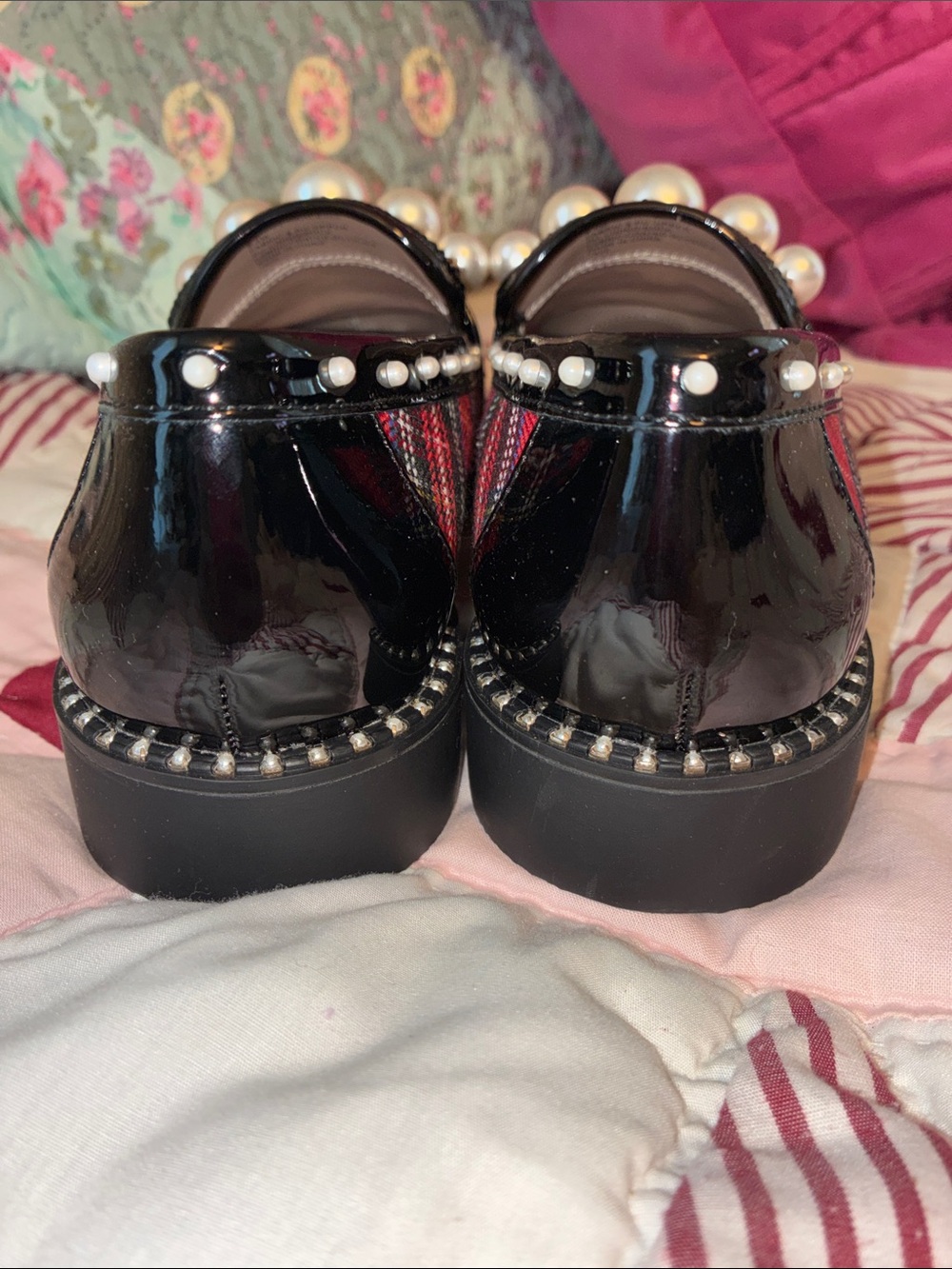 NEW Betsey Johnson Red Plaid & Leopard Print Pearl-Trim Loafers 8.5 - Picture 7 of 13